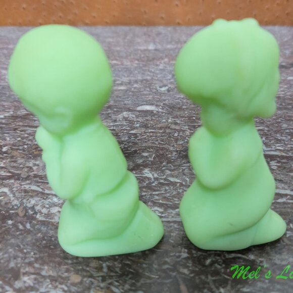 Fenton Green Uranium Custard Glass Boy and Girl Praying Figurines